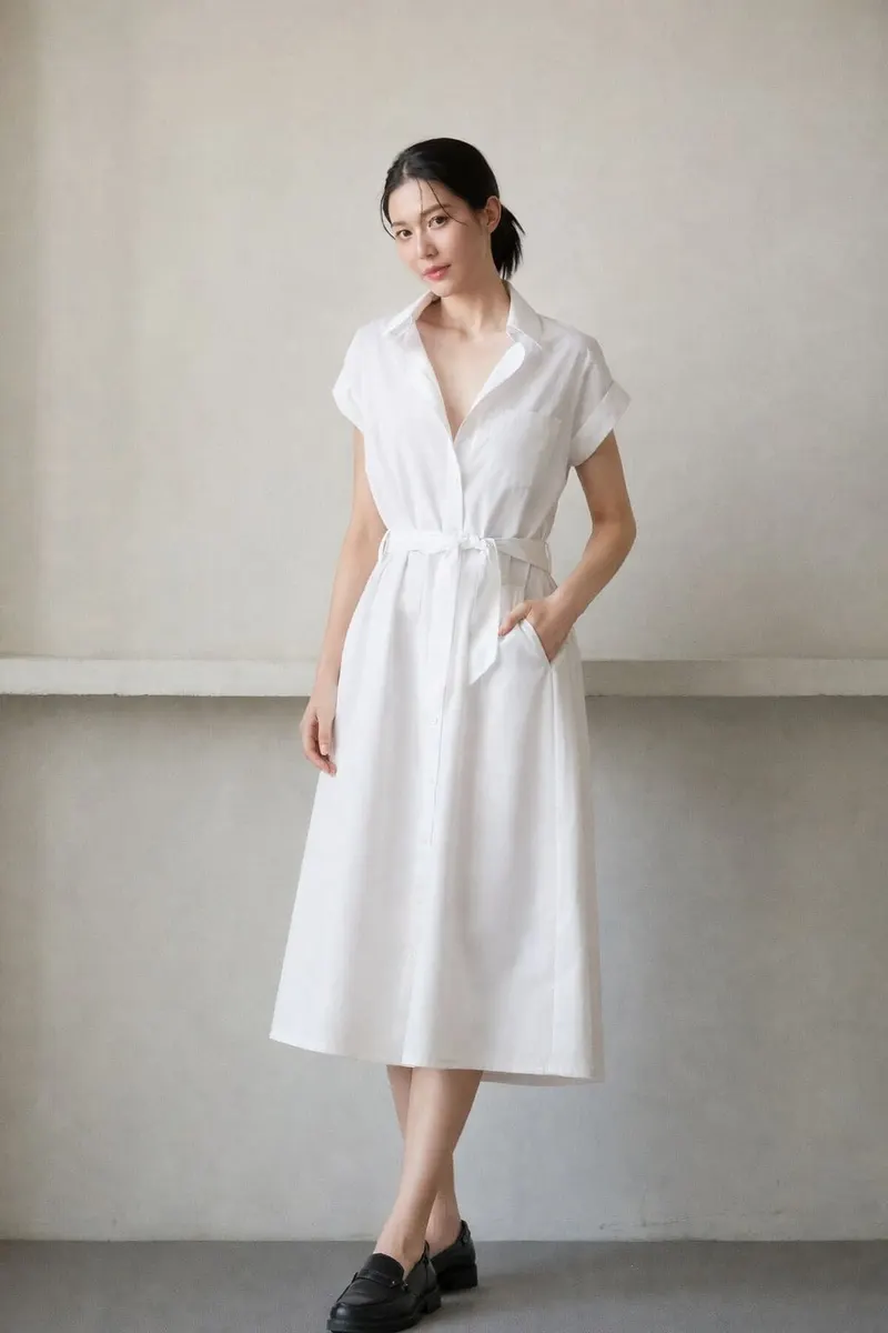 Woman in a white belted midi shirt dress with short sleeves and black loafers against a neutral studio background