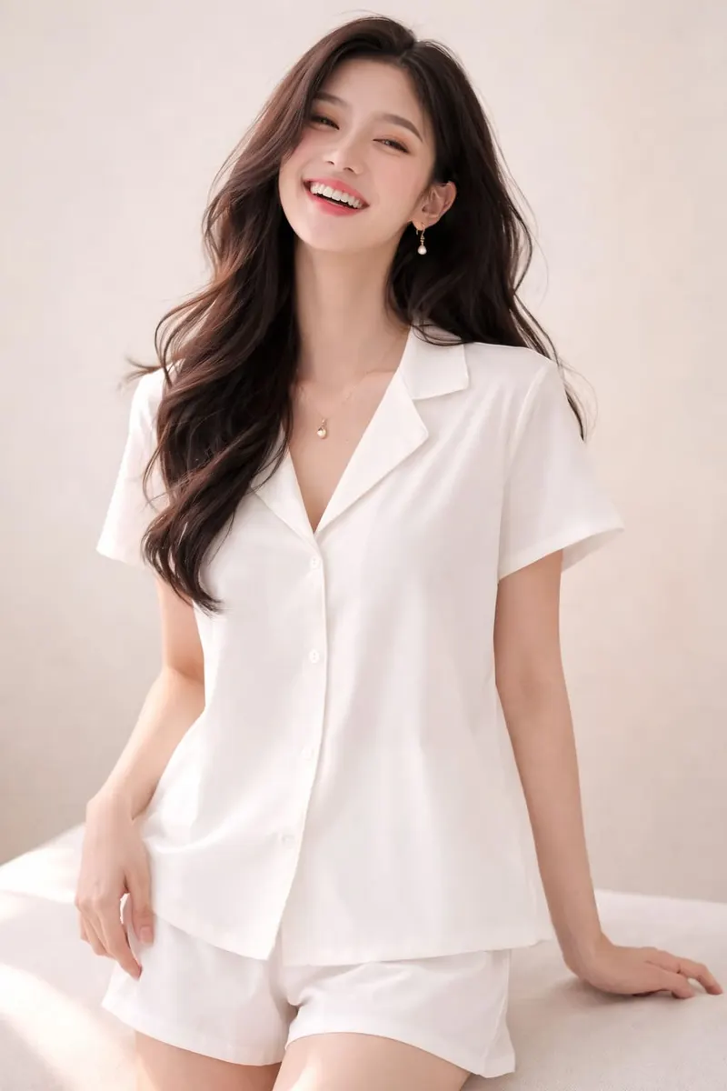 Smiling woman in a white short-sleeve button-up loungewear top and matching shorts in soft studio lighting on a neutral background