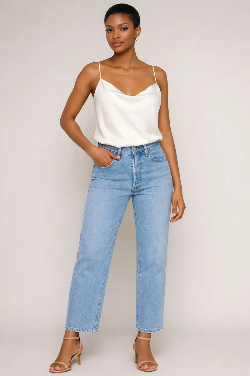 Full-body studio portrait of a woman wearing an ivory draped camisole tucked into light-wash high-waisted straight-leg jeans with nude strappy heels and simple gold jewelry