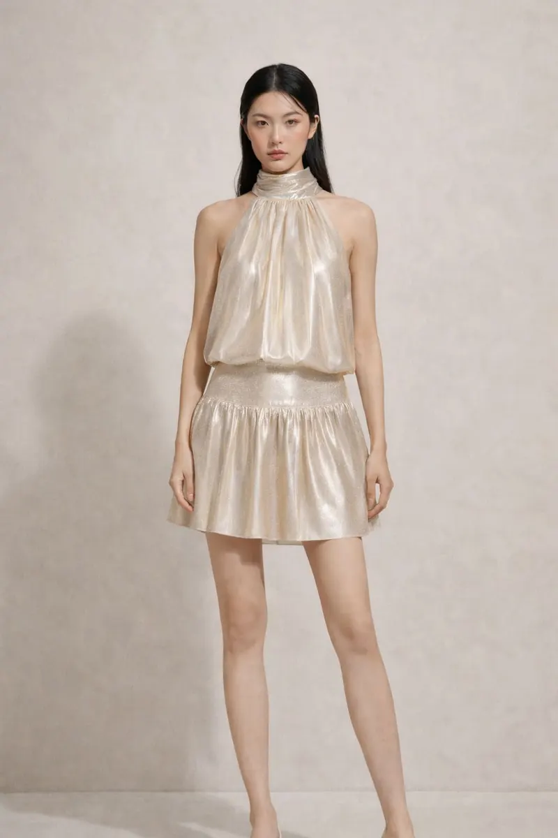 Studio portrait of a woman wearing a champagne halter-neck metallic mini dress with a softly draped bodice and flared skirt against a neutral beige background