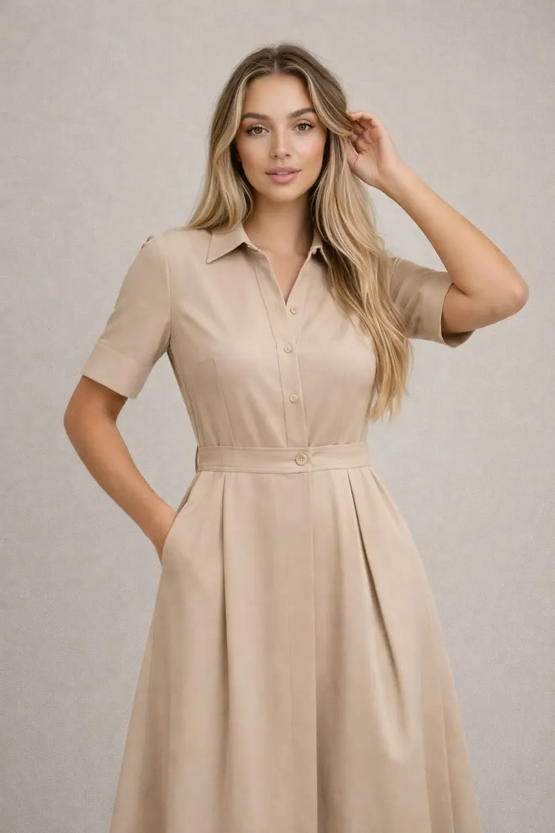 Woman wearing a beige collared midi shirt dress with short sleeves and a belted waist against a light neutral background