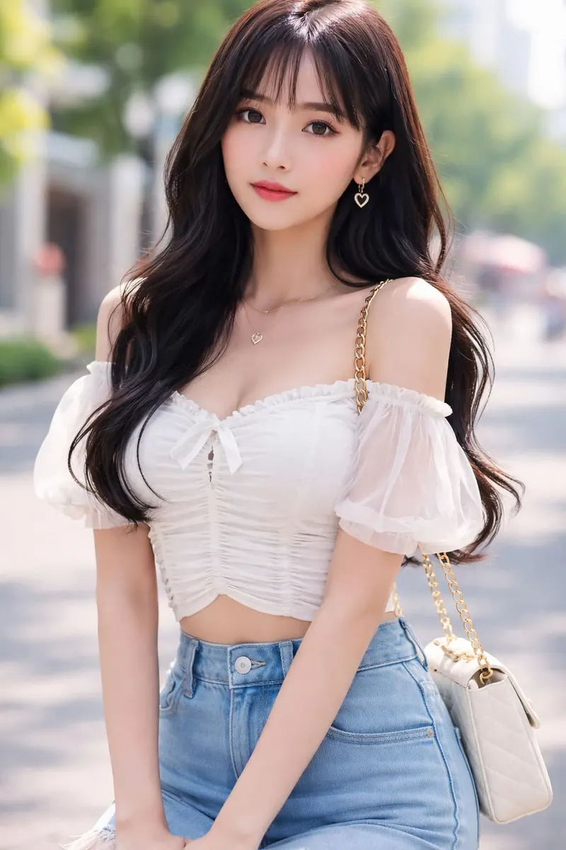 Half-body portrait of a woman wearing a white ruched off-shoulder puff-sleeve crop top with light-wash high-waisted jeans and a small quilted white chain-strap shoulder bag.
