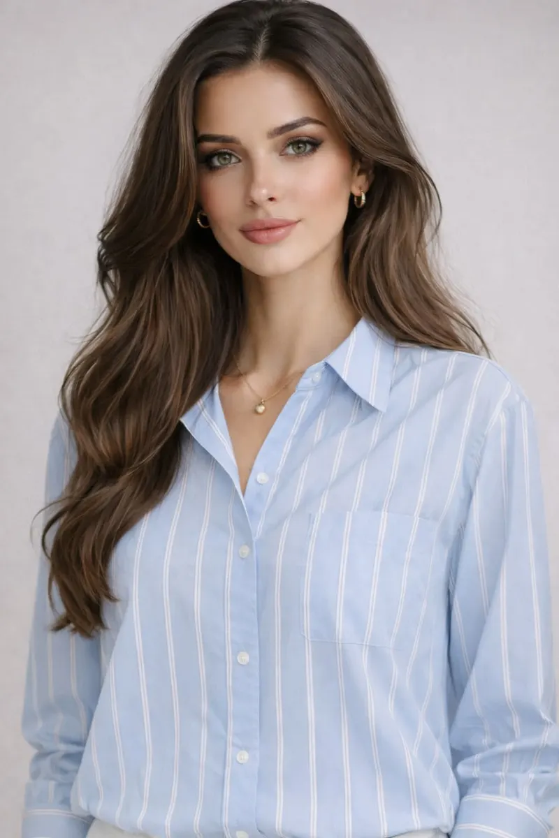 Woman with long wavy brown hair wearing a light blue button-up shirt with white vertical stripes, gold hoop earrings, and a delicate necklace against a neutral studio background