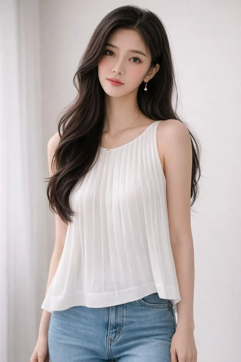 Woman wearing a white sleeveless pleated blouse with light-wash jeans, styled with delicate gold jewelry and soft waves against a neutral background
