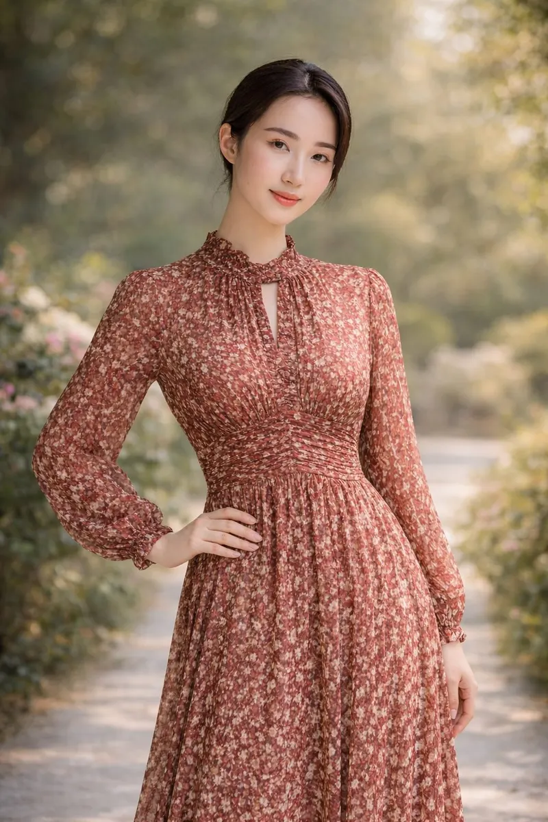 Woman wearing a rust-red floral long-sleeve maxi dress with a high neckline and fitted waist in a sunlit outdoor garden setting