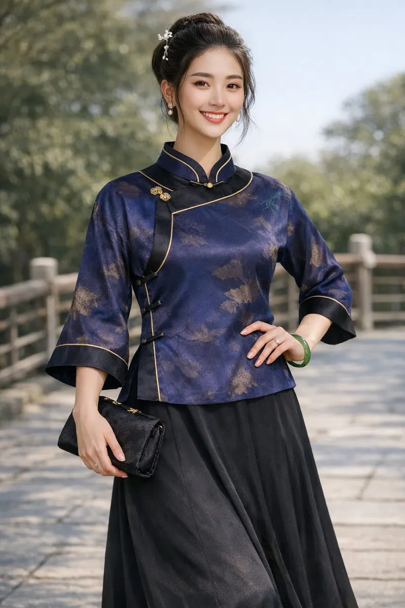 Woman wearing a dark brocade mandarin-collar top with gold piping and a flowing black skirt, styled with an updo and delicate accessories in an outdoor setting
