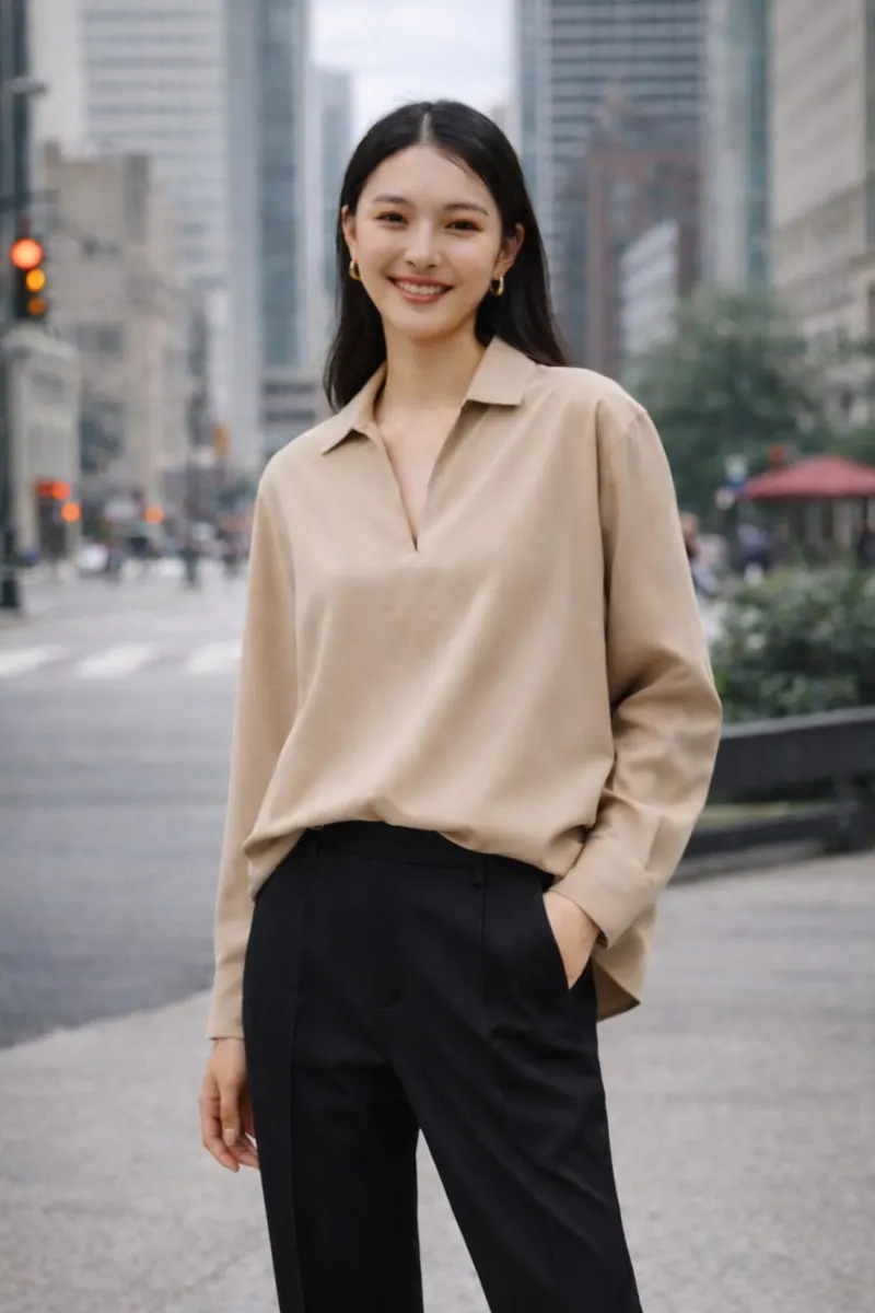 Woman wearing a beige collared blouse with black tailored trousers in a soft-focus city street setting