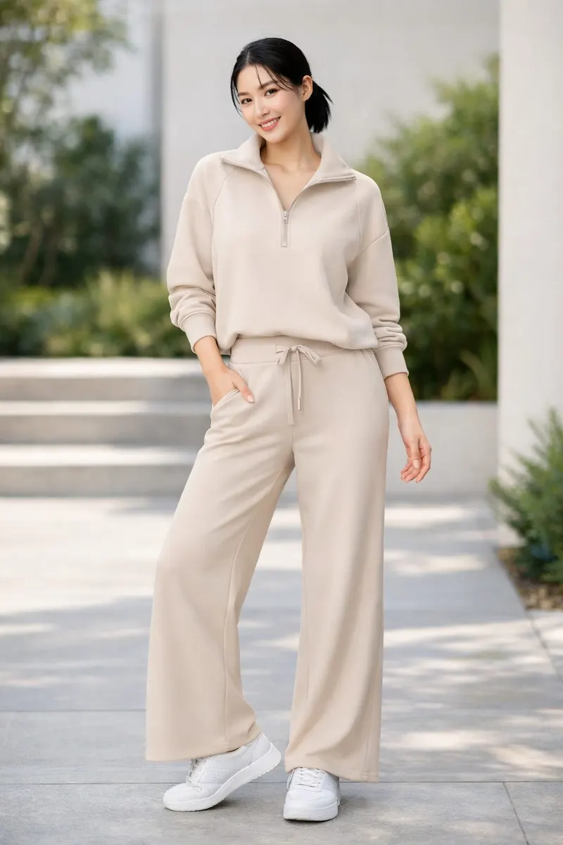 Full-body image of a woman wearing a beige half-zip long-sleeve top with matching wide-leg drawstring pants and white sneakers outdoors