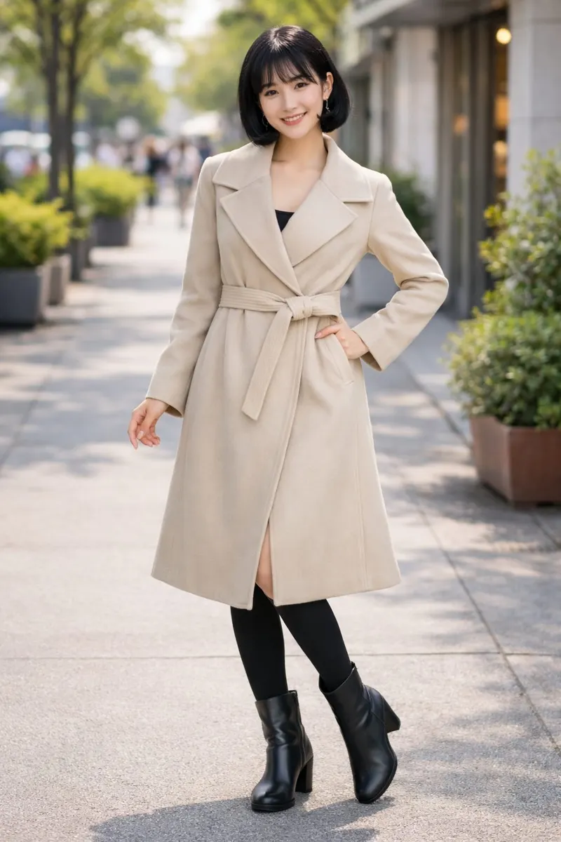 Woman wearing a belted beige wrap coat with ankle boots in an outdoor city setting