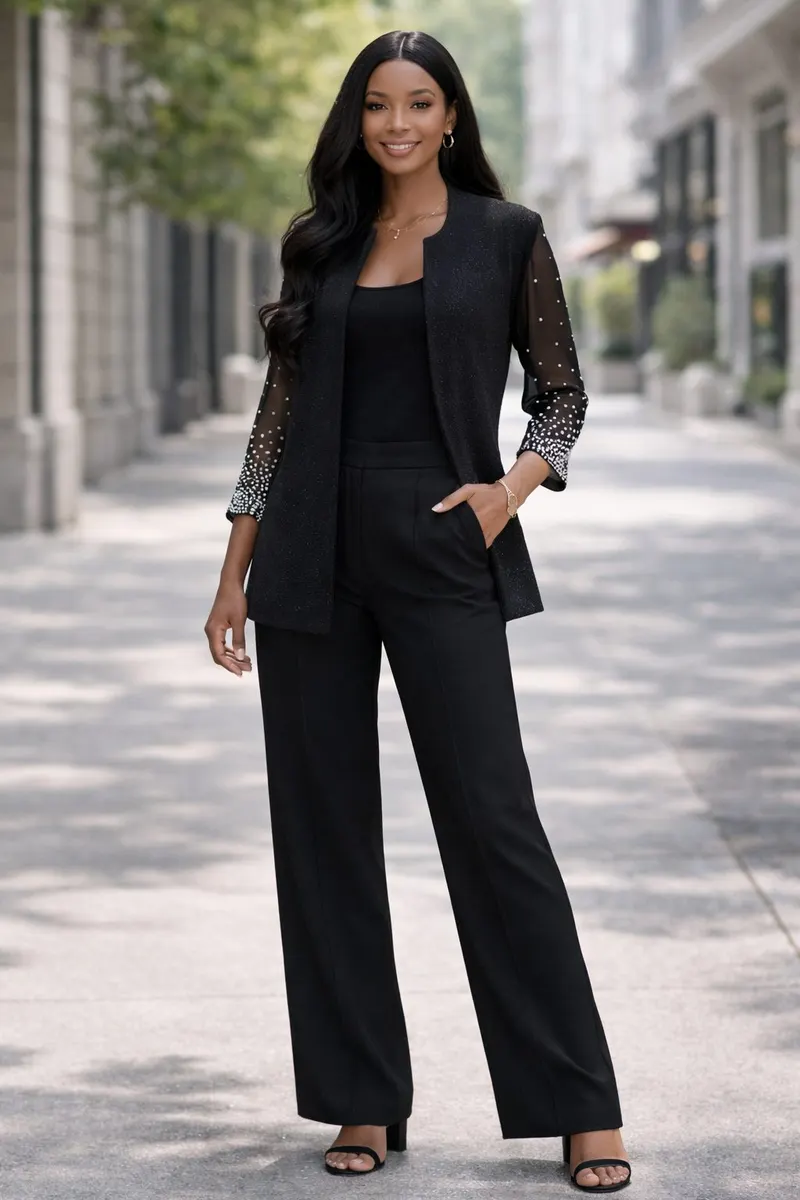 Woman wearing a black sleeveless base layer with tailored black trousers and a sheer-sleeve embellished overlay jacket in an outdoor editorial setting
