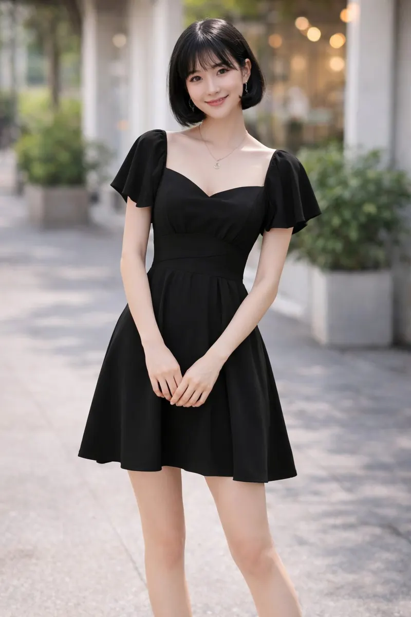 Woman wearing a black fit-and-flare mini dress with flutter sleeves and a sweetheart neckline, styled with delicate jewelry and a polished bob hairstyle