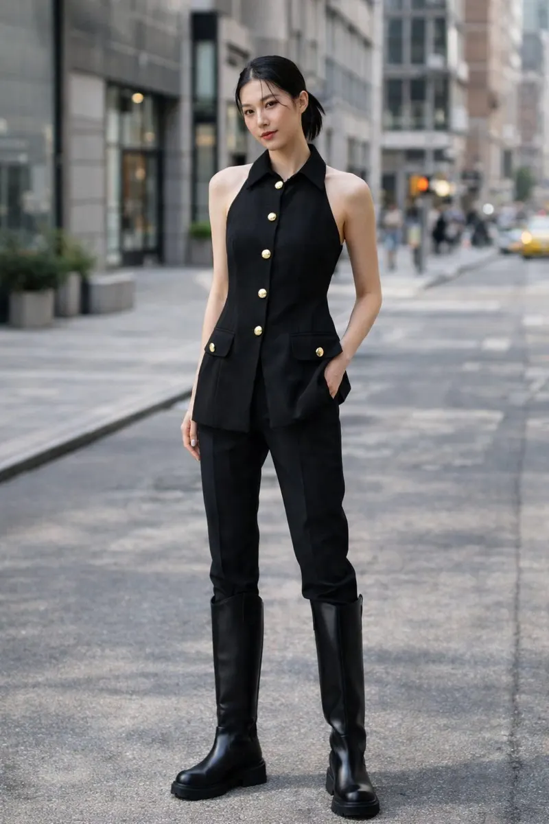 Young woman wearing a black halter-collar tailored top with gold-tone buttons, slim black trousers, and knee-high boots on a modern city street.