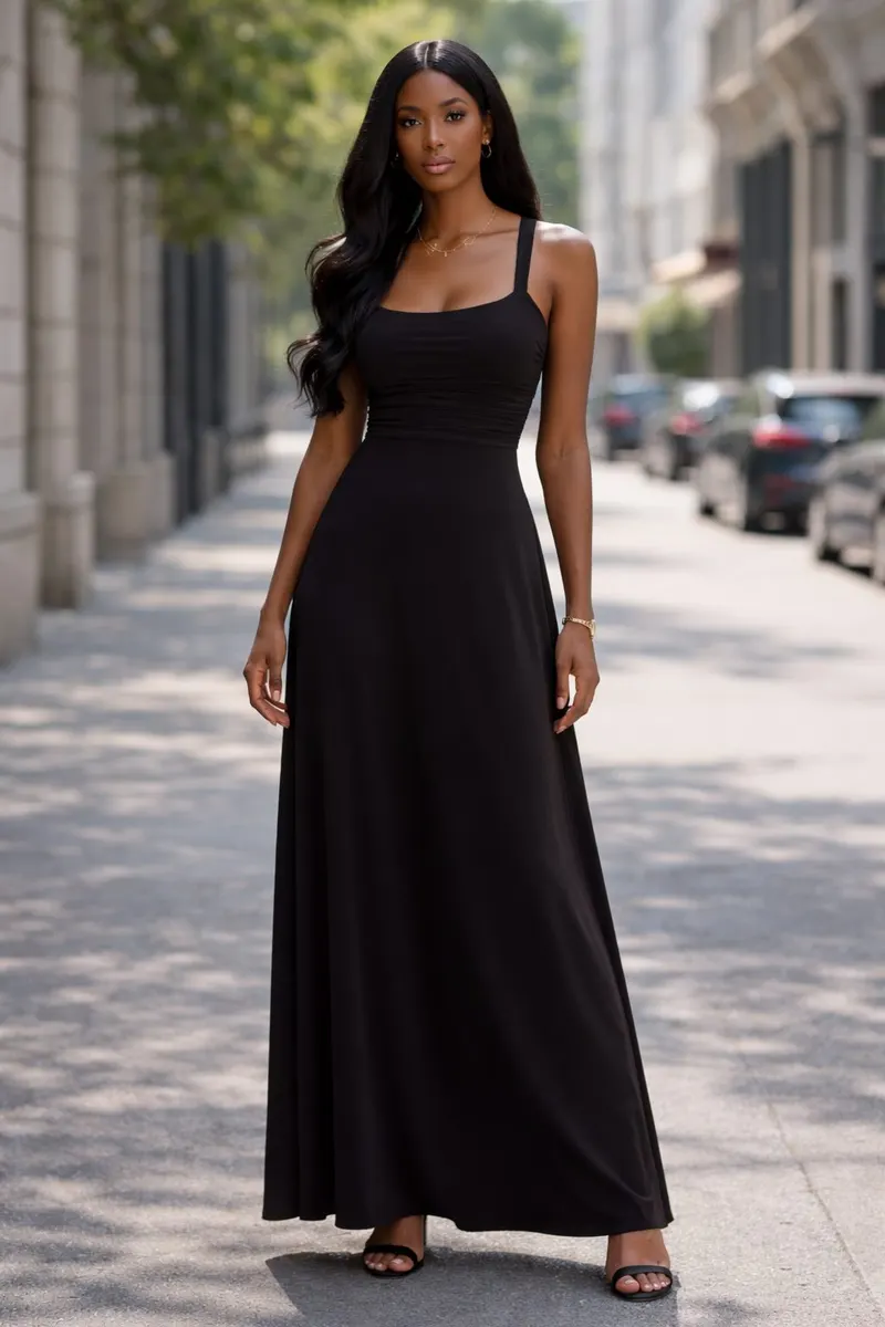 Full-body portrait of a woman wearing a black square-neck maxi dress with a fitted ruched bodice and flowing skirt, styled with delicate gold jewelry and black sandals on a city sidewalk.