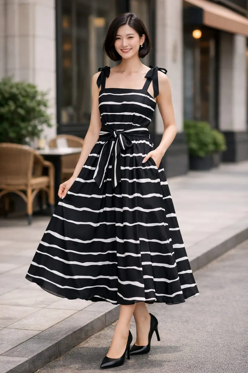 Woman wearing a black-and-white striped midi dress with ribbon shoulder straps, a defined waist tie, black pointed heels, and a structured handbag in an outdoor city setting