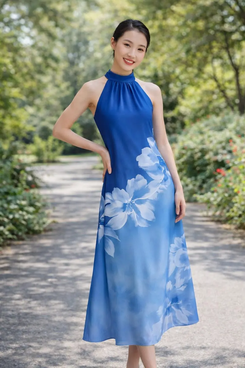 Full-body portrait of a woman wearing a blue halter-neck floral midi dress on a sunlit garden path