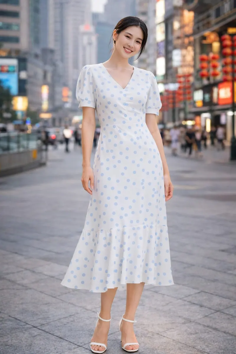 Woman wearing a light blue polka dot midi dress with puff sleeves and white strappy heels on a blurred city street background