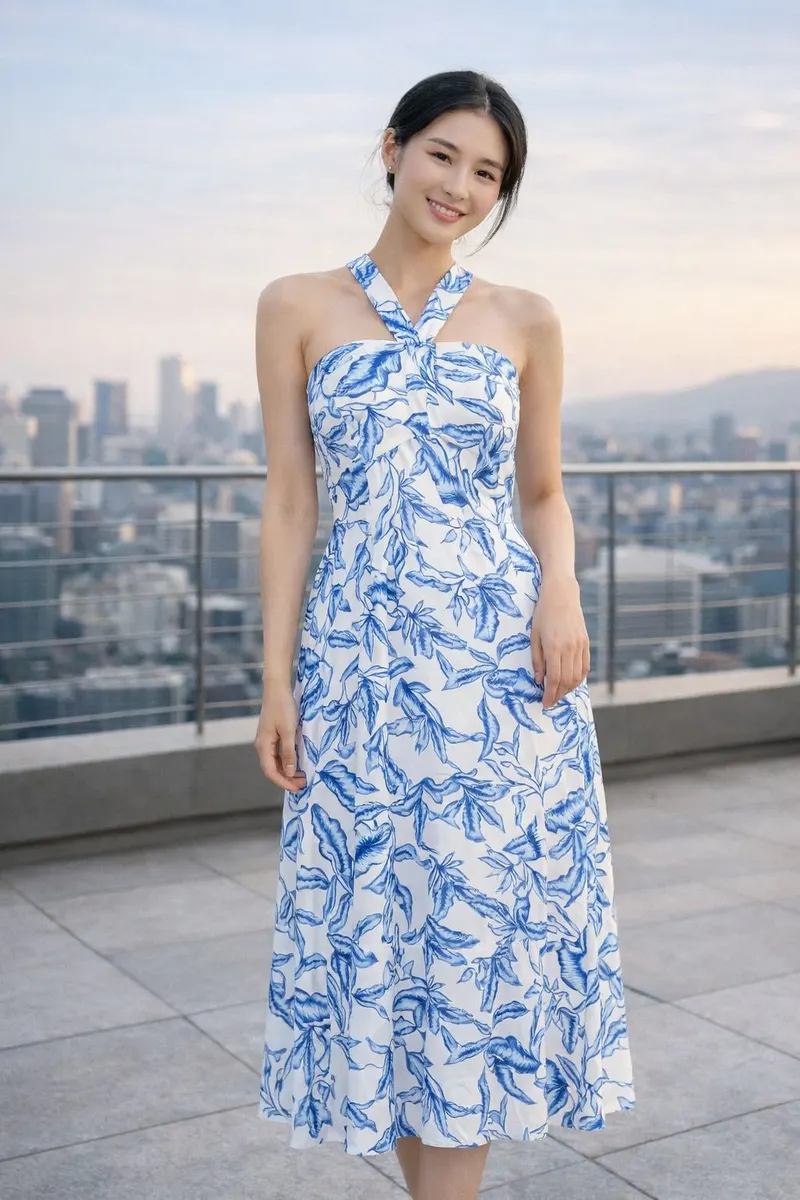 Woman wearing a blue and white halter midi dress with a soft floral-inspired print, styled with an elegant updo on a rooftop city setting