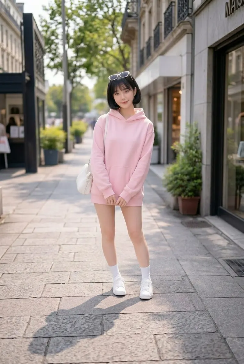 Model wearing an oversized blush pink hoodie styled as a mini dress with white socks, white sneakers, and a white shoulder bag on a sunny city sidewalk