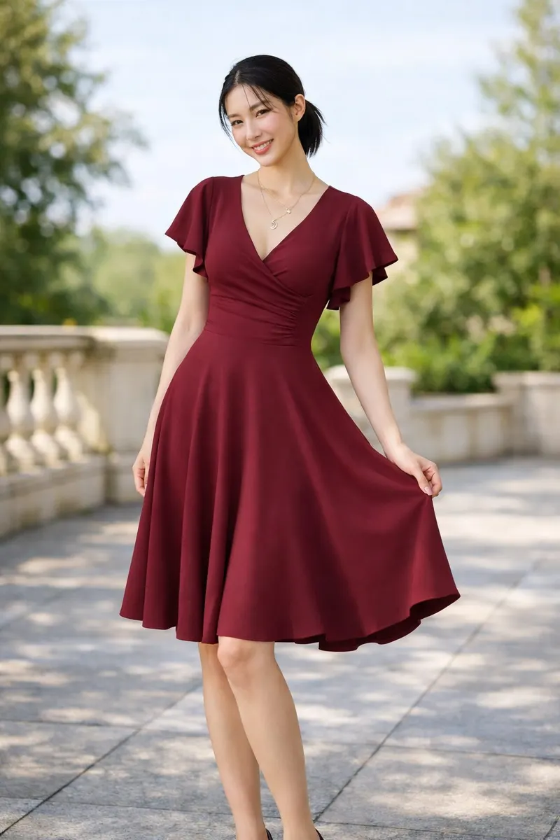 Woman wearing a burgundy flutter sleeve midi dress with a wrap-style bodice and flared skirt in an outdoor setting