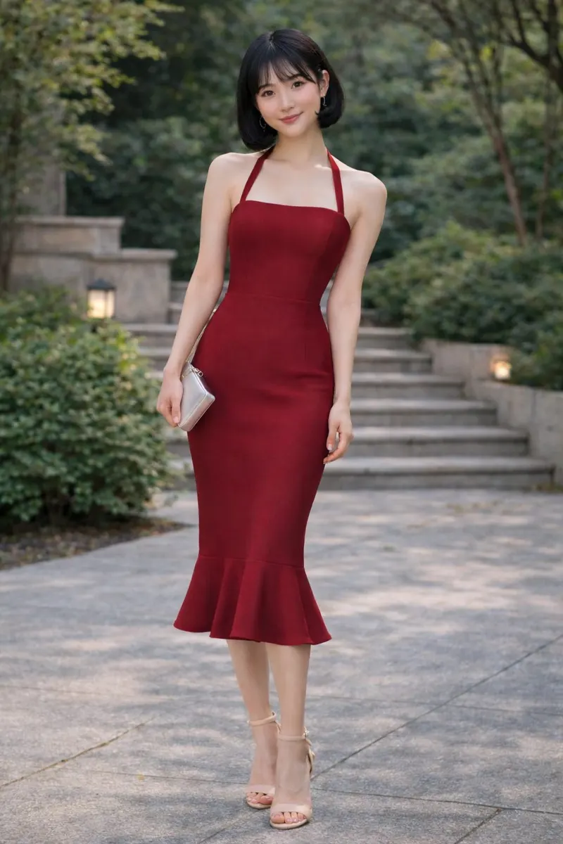 Full-body image of a woman wearing a fitted burgundy halter midi dress with a flared hem in an outdoor editorial setting