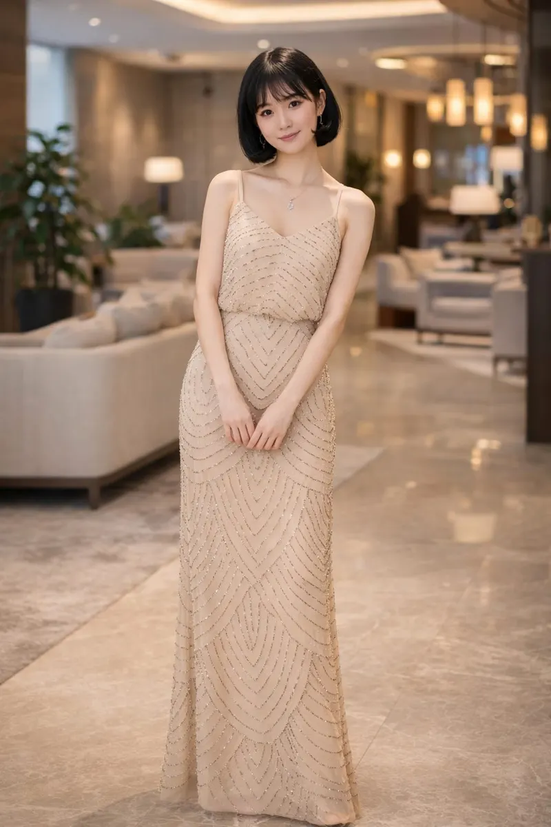 Full-body portrait of a woman wearing a champagne-toned beaded floor-length evening gown with delicate straps in a softly lit luxury interior