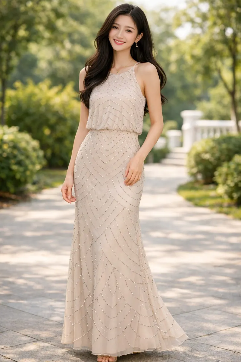 Woman wearing a champagne floor-length beaded evening gown with a sleeveless silhouette and soft waved hair in an outdoor setting