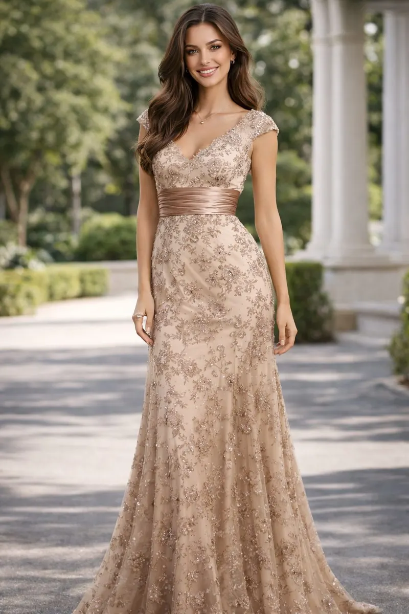 Full-length portrait of a woman wearing a champagne lace-embellished floor-length gown with a satin waistband outdoors in soft daylight