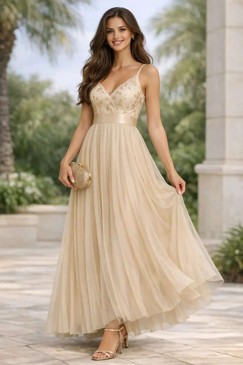 Woman wearing a champagne sleeveless evening gown with a fitted embellished bodice, flowing tulle skirt, metallic clutch, and heeled sandals in an outdoor luxury setting