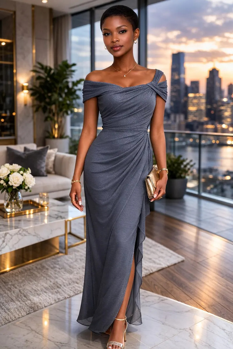 Woman wearing a charcoal shimmer off-shoulder evening gown with draped detailing and a side slit, styled with delicate jewelry in a modern luxury interior