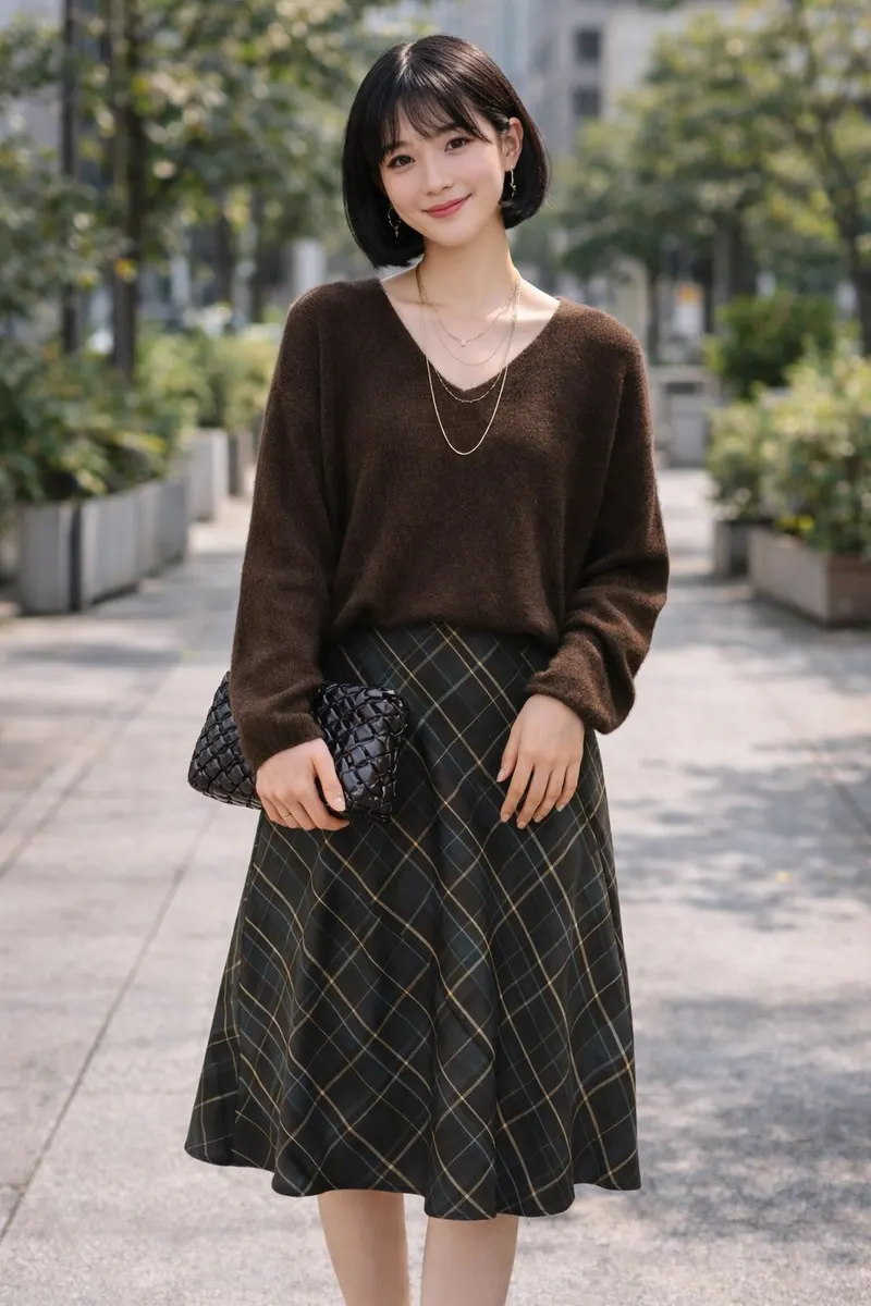 Woman wearing a dark brown relaxed knit sweater with a dark plaid midi skirt, layered delicate necklaces, and a woven clutch on an outdoor city walkway
