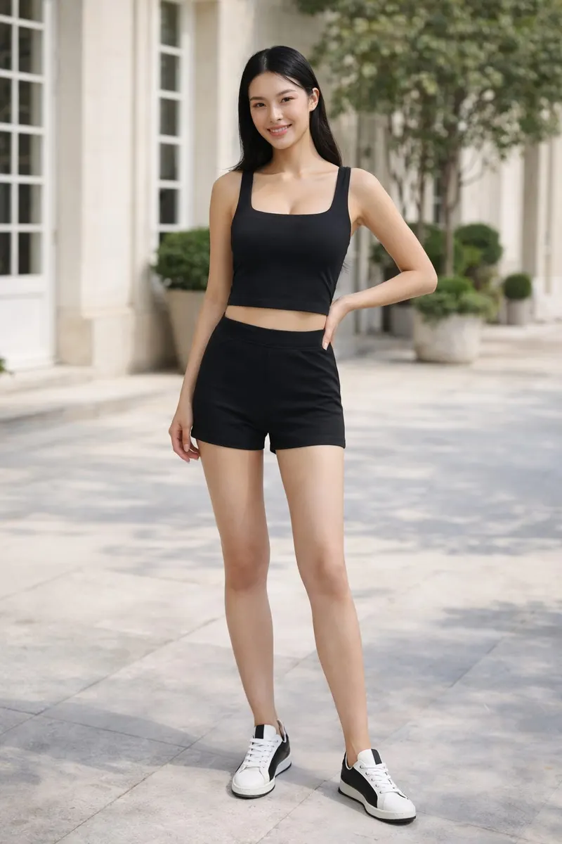 Full-body outdoor photo of a woman wearing a black square-neck crop tank top, black high-waisted fitted shorts, and white-and-black low-top sneakers with a relaxed pose.