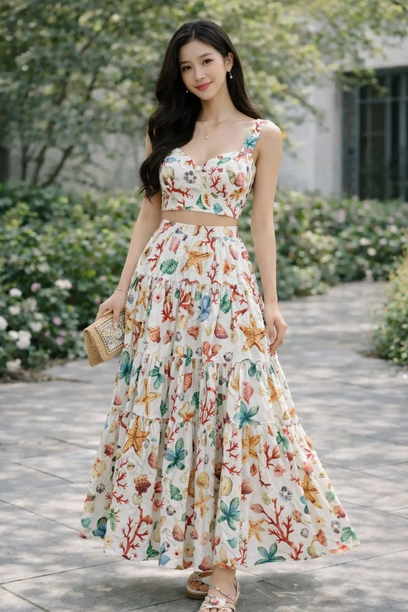 Woman wearing a printed cropped top and tiered maxi skirt with a soft coastal-inspired motif in an outdoor editorial setting