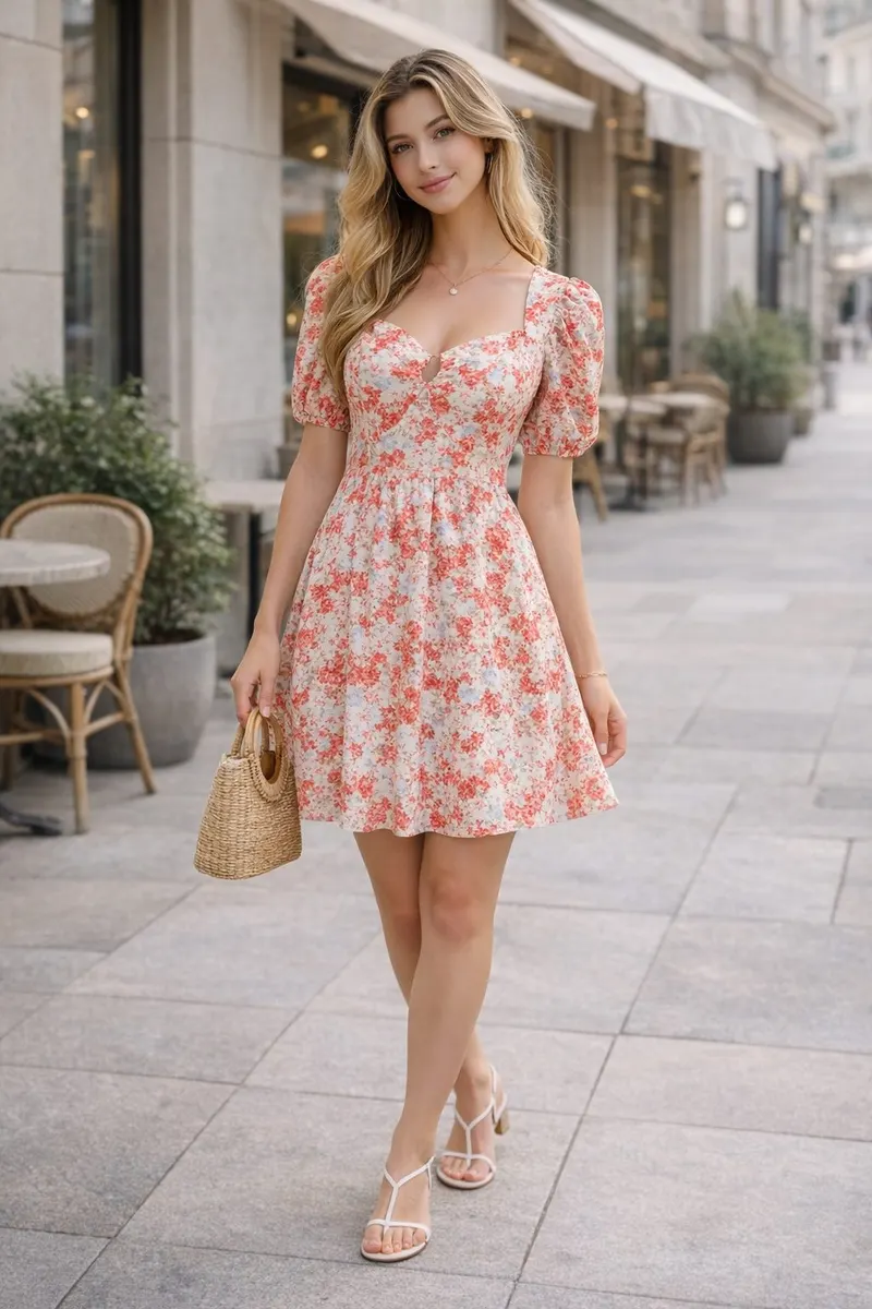Young woman wearing a coral and cream floral mini dress with puff sleeves and a fitted waist, styled with a woven handbag and minimal sandals on a softly blurred European street