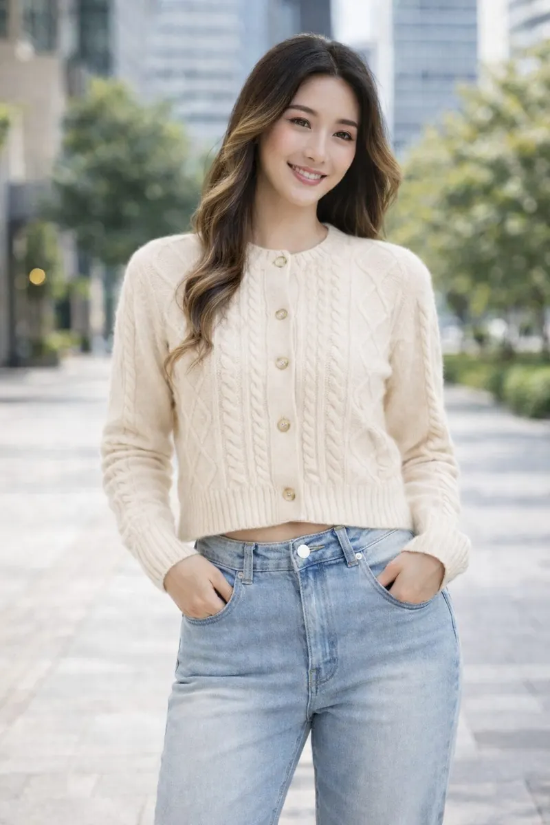 Smiling woman wearing a cream cable-knit button cardigan with light-wash high-waisted jeans in a city outdoor setting