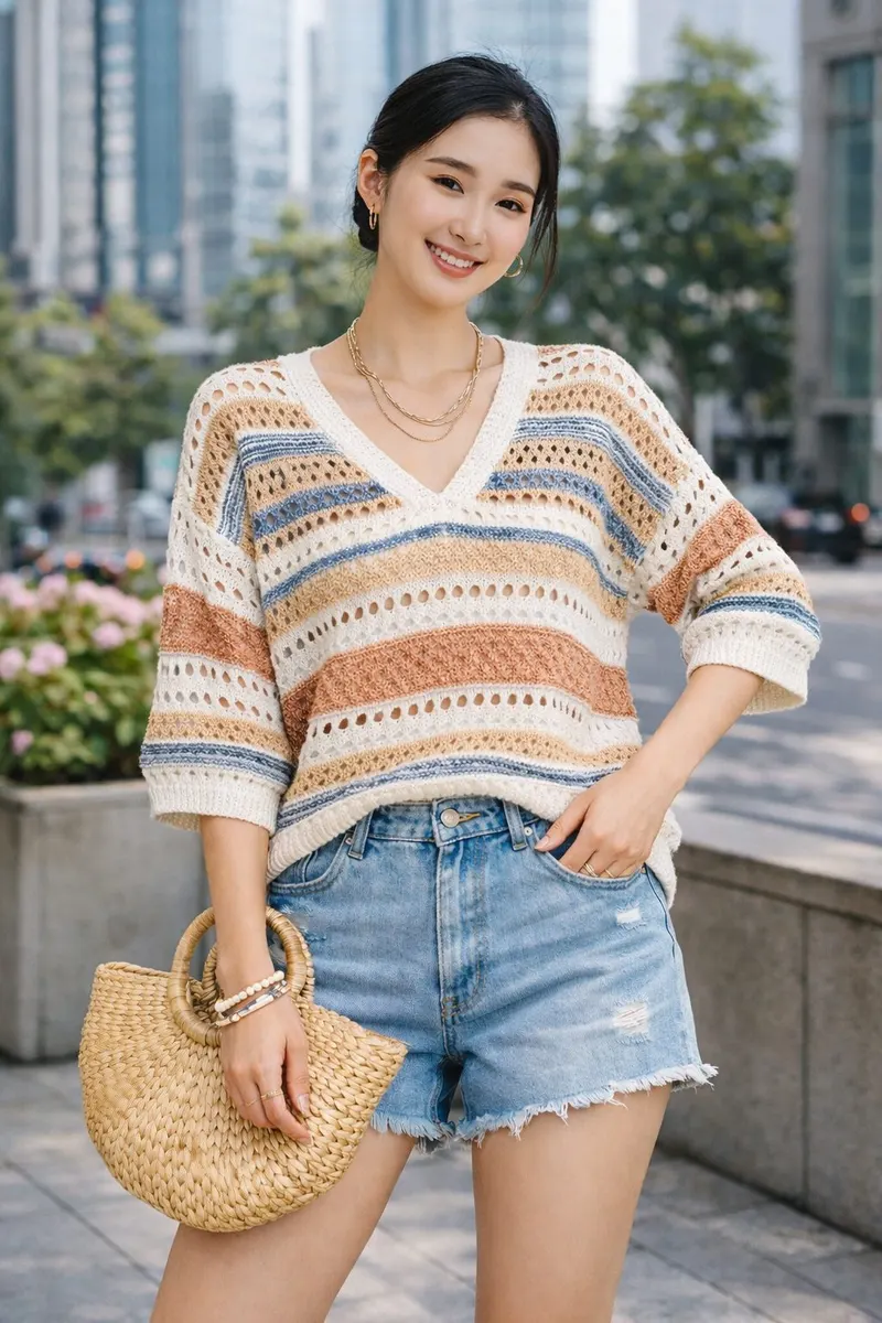 Woman wearing a striped open-knit V-neck sweater with light denim shorts, layered gold jewelry, and a woven handbag in an outdoor city setting