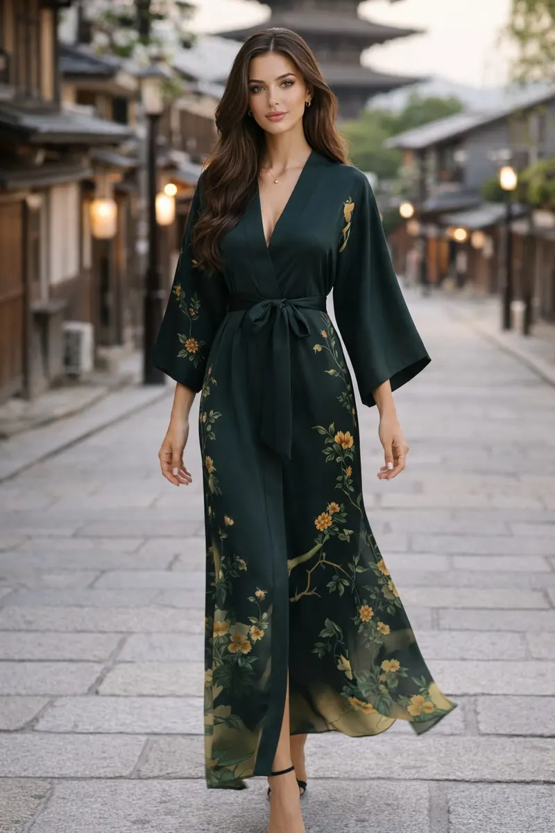 Woman walking on a traditional Japanese street wearing a deep green wrap robe dress with a tie belt and subtle floral print