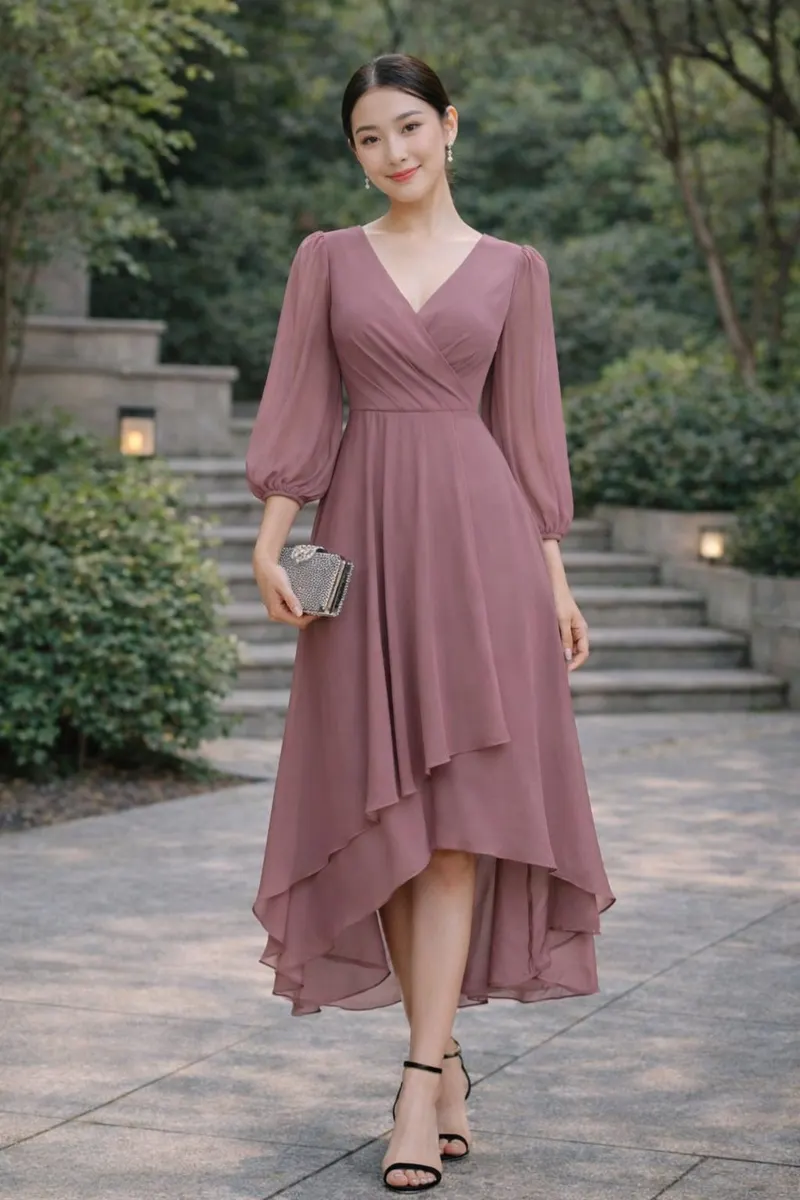 Full-body image of a woman wearing a dusty rose long-sleeve high-low dress in an outdoor editorial setting