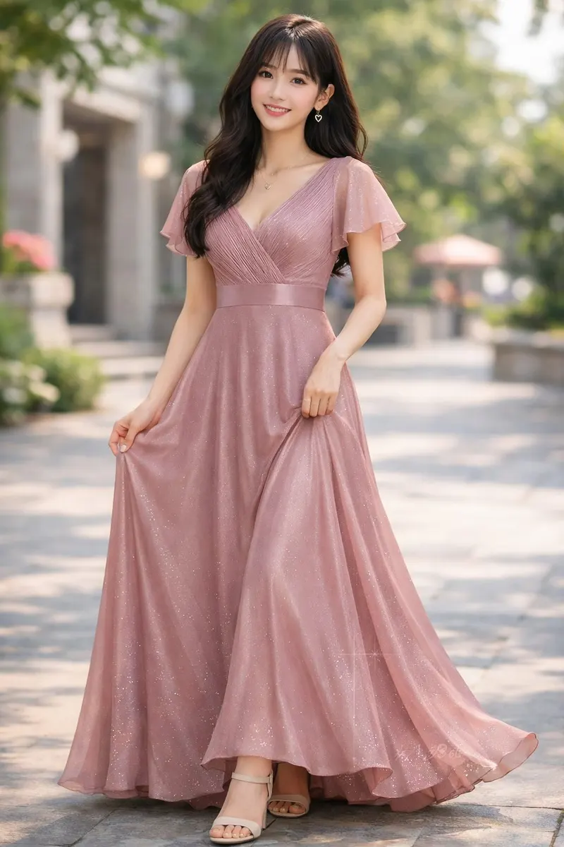 Young woman wearing a dusty rose shimmer evening gown with flutter sleeves and a flowing full-length skirt in an outdoor editorial setting