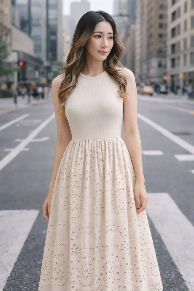 Woman wearing a light neutral sleeveless maxi dress with an eyelet cutwork skirt in a softly lit editorial setting