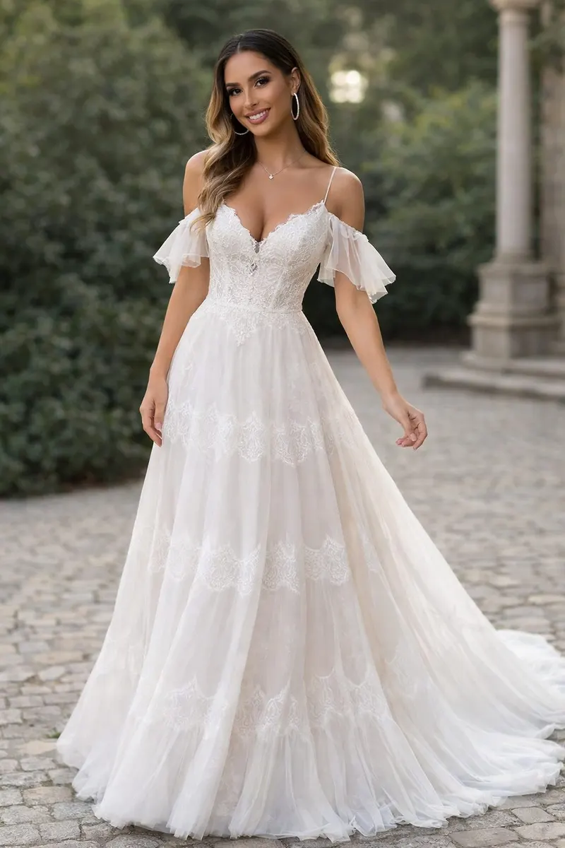 Woman in a white lace and tulle off-shoulder gown with flutter sleeves and a flowing skirt outdoors in soft natural light