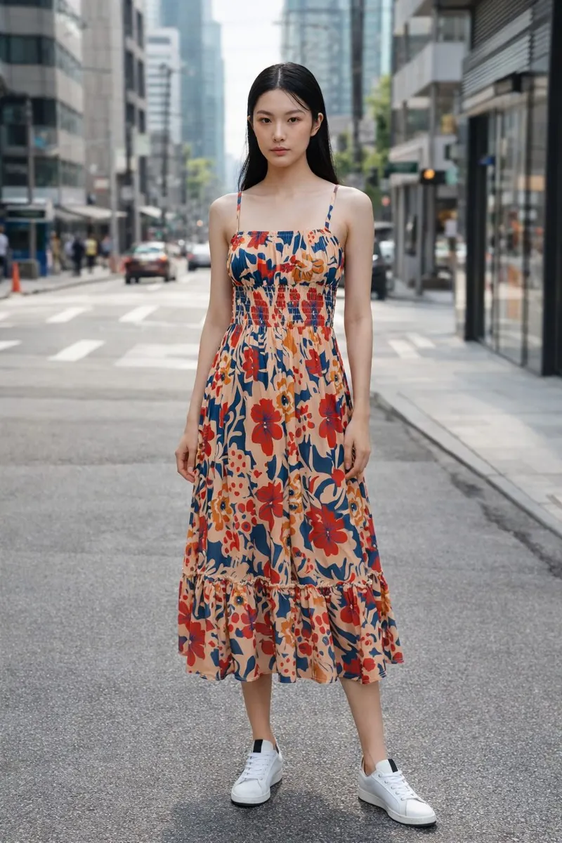 Woman wearing a sleeveless floral midi dress with a gathered bodice and white sneakers on a modern city street
