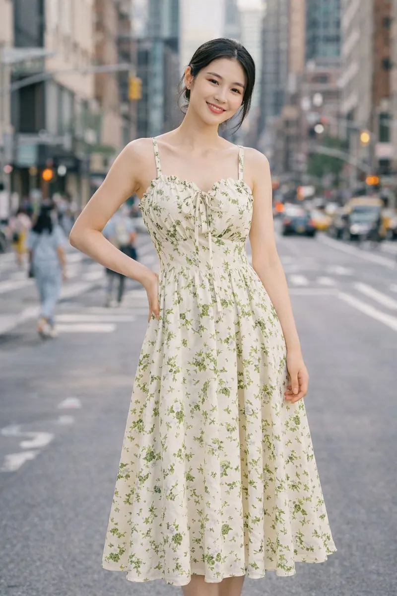 Young woman wearing a cream floral midi dress with a gathered bodice and slim straps, styled in a modern city street setting.