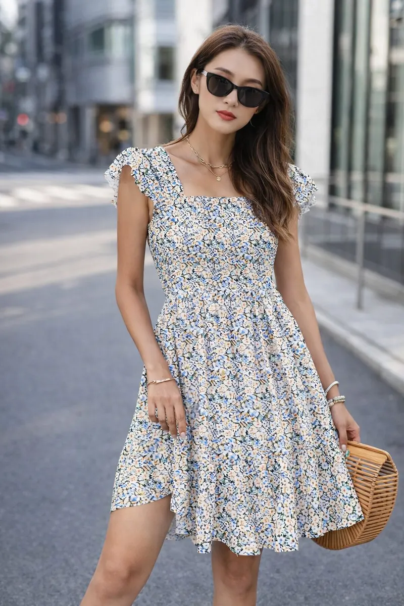 Woman wearing a light floral square-neck dress with flutter sleeves, dark sunglasses, layered jewelry, and a woven handbag on a modern city street