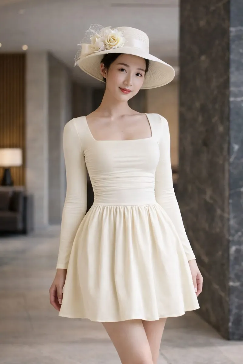 Woman wearing an ivory square-neck long sleeve mini dress with a fitted bodice, flared skirt, and coordinated wide-brim hat in a refined editorial interior.