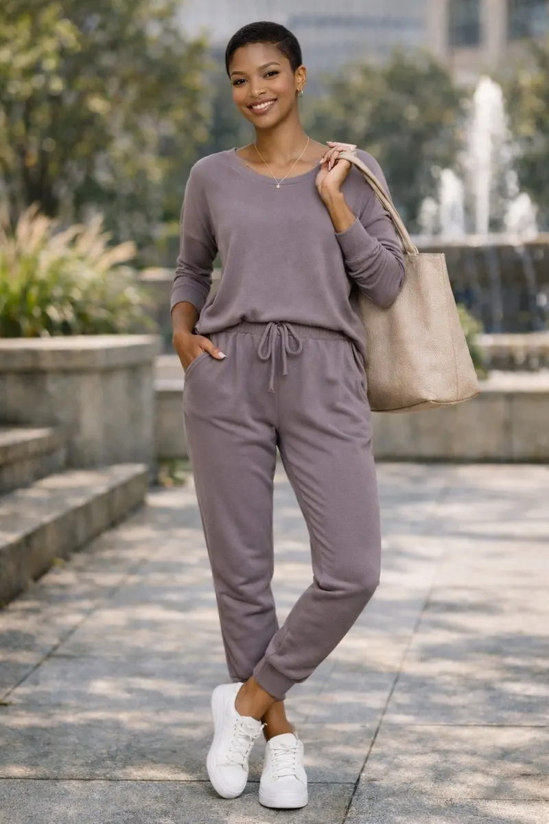 Woman wearing a mauve relaxed long-sleeve lounge top with matching tapered jogger pants, white sneakers, delicate jewelry, and a neutral shoulder bag outdoors