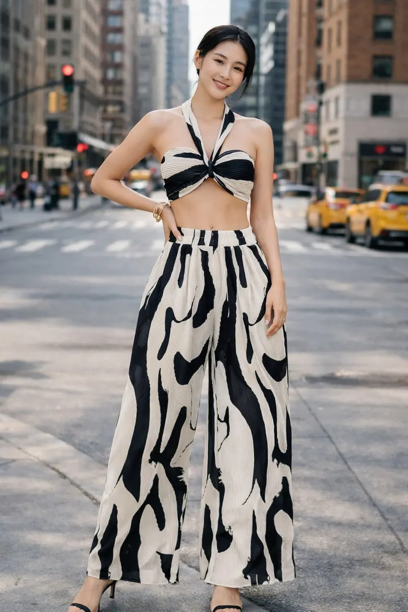 Woman wearing a monochrome halter crop top and wide-leg printed trousers on a city street