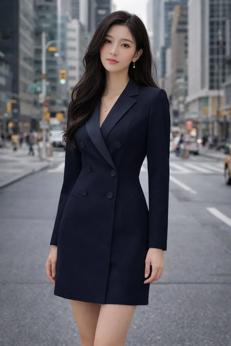 Woman wearing a tailored navy blazer dress with structured lapels and a clean double-breasted silhouette on a blurred urban city street