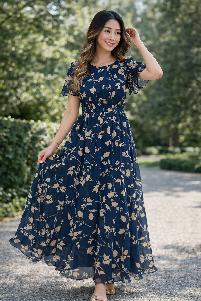 Woman wearing a navy floral maxi dress with flutter sleeves in an outdoor garden setting