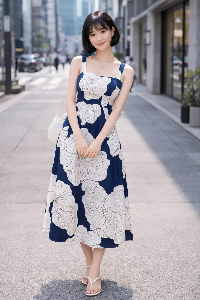 Young woman wearing a navy and white floral midi dress with a square neckline and shoulder straps, styled with a white shoulder bag and flat sandals on a blurred city street