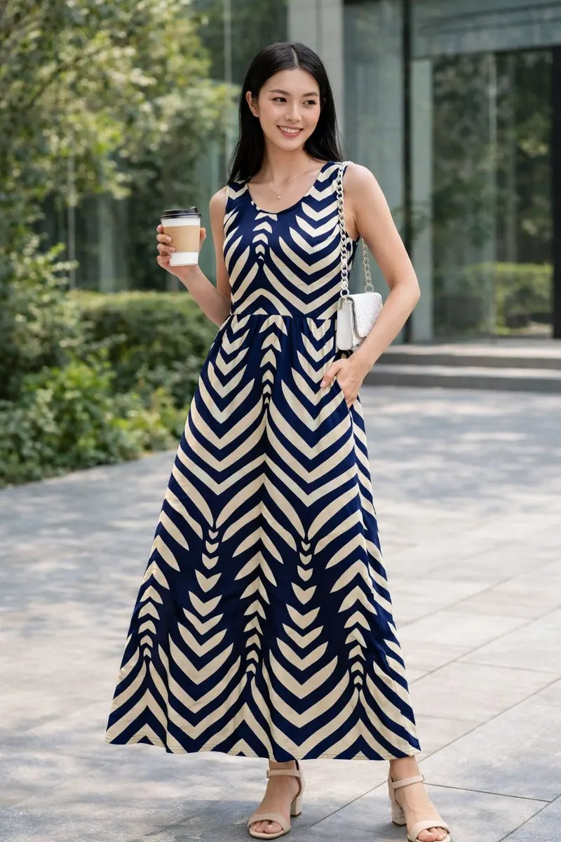 Woman wearing a navy and cream geometric sleeveless maxi dress with sandals in an outdoor modern setting